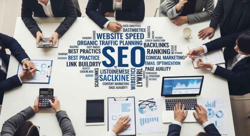 people sitting around a table brainstorming abot SEO